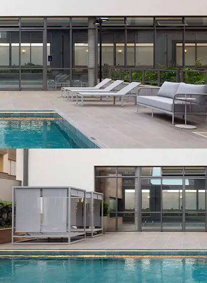 Área Externa com Piscina e Mobiliário Contemporâneo em Alumínio